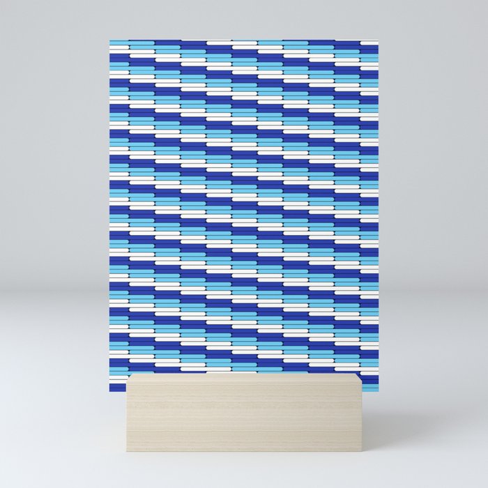 Staggered Oblong Rounded Lines Blues and White - Stripe Pattern Mini Art Print