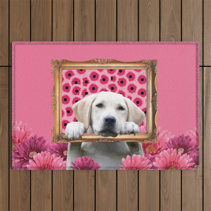 Golden Retriever in Frame with giber Flowers Outdoor Rug