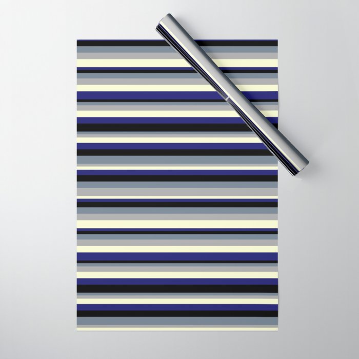 Colorful Slate Gray, Dark Gray, Light Yellow, Midnight Blue, and Black Colored Lined/Striped Pattern Wrapping Paper