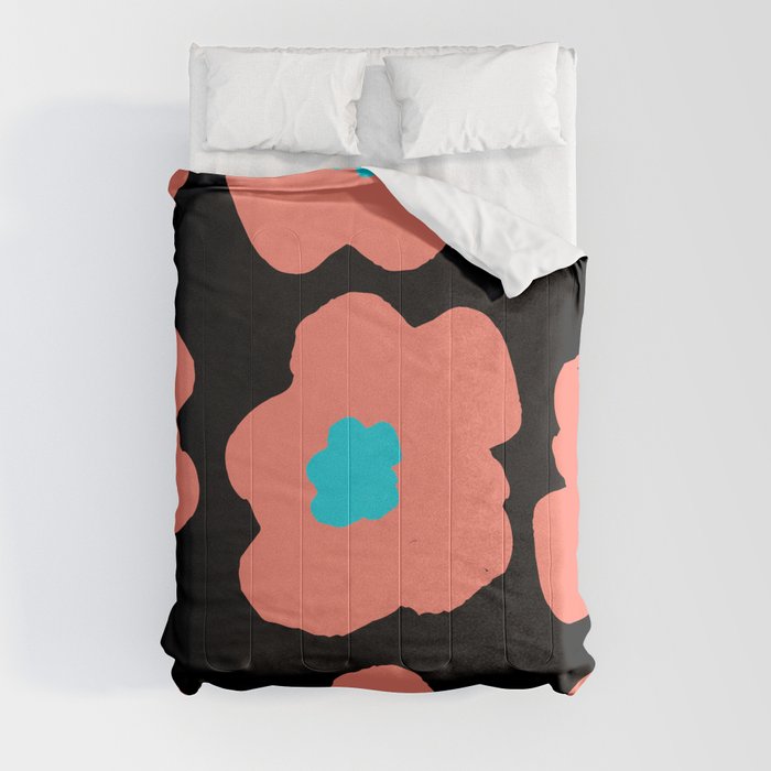 Large Pop-Art Retro Flowers in Coral on Black Background  Comforter