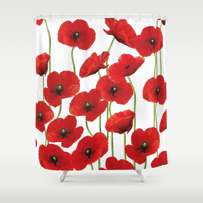 Poppies Flowers red field white background pattern Shower Curtain