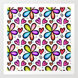 Doodle Heart & Flower Pattern 05 Art Print