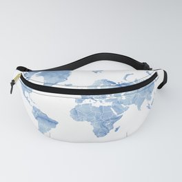 Blue watercolor world map with outlined countries, "Vance" Fanny Pack