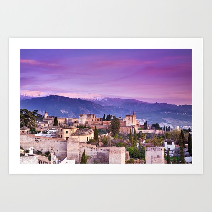 The Alhambra Palace, Albaicin and Sierra Nevada. At sunset. Art Print