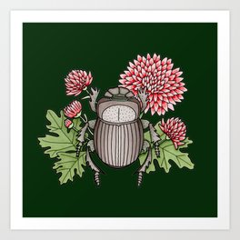 Beetle with Chrysanthemum - Dark Green Art Print