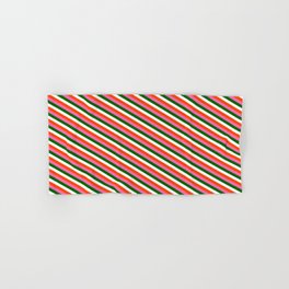 [ Thumbnail: Dark Green, White, Red & Hot Pink Colored Stripes/Lines Pattern Hand & Bath Towel ]