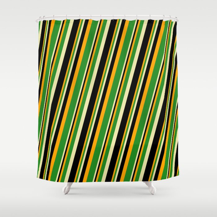 Orange, Forest Green, Pale Goldenrod, and Black Colored Lined/Striped Pattern Shower Curtain