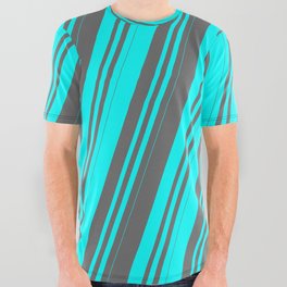 [ Thumbnail: Cyan & Dim Gray Colored Lines Pattern All Over Graphic Tee ]