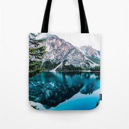 Lake and Mountain Under White Sky Tote Bag