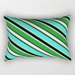 [ Thumbnail: Turquoise, Beige, Forest Green, and Black Colored Lined Pattern Rectangular Pillow ]
