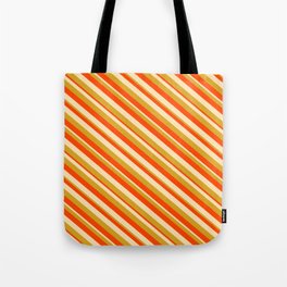 [ Thumbnail: Red, Beige, and Goldenrod Colored Lined Pattern Tote Bag ]