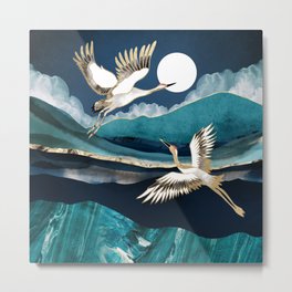 Midnight Cranes Metal Print | Abstract, Contemporary, Blue, Water, Gold, Mountains, Graphicdesign, Nature, Teal, Evening 