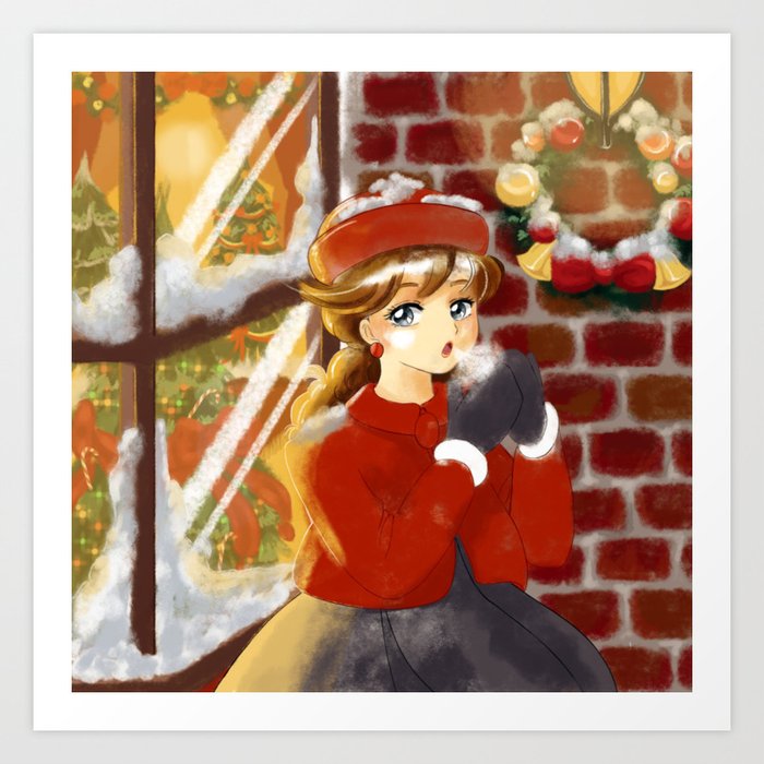 Retro Anime Snowy Christmas Shop Window Girl Art Print