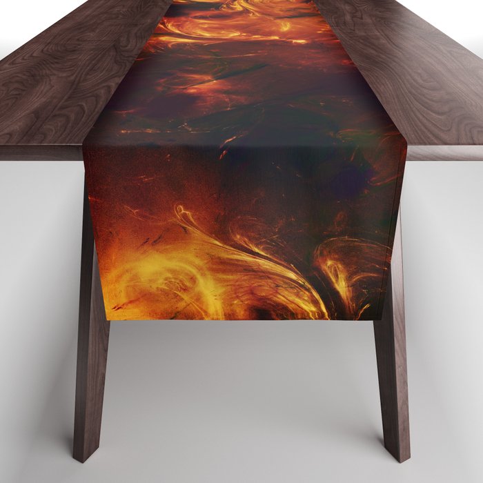 Molten Fire Burst Flames Black and Orange Abstract Artwork Table Runner