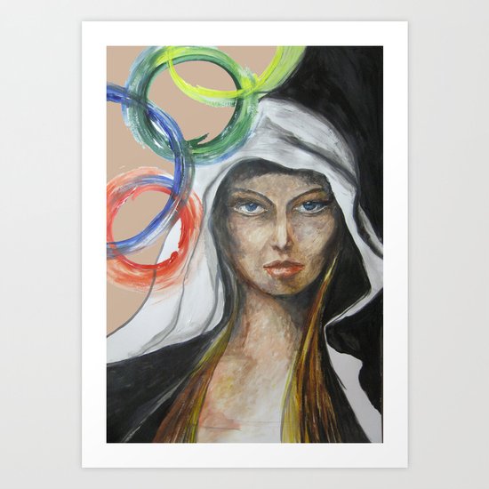 woman hood and circles Art Print