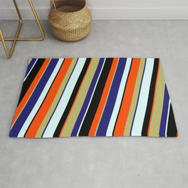 [ Thumbnail: Colorful Dark Khaki, Midnight Blue, Light Cyan, Black & Red Colored Lined/Striped Pattern Rug ]