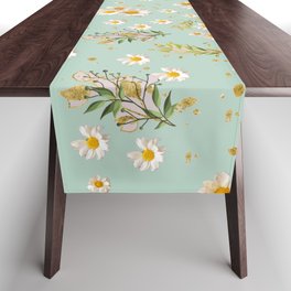 White Daisies Floral Pattern Seamless Sage Olive Green Table Runner