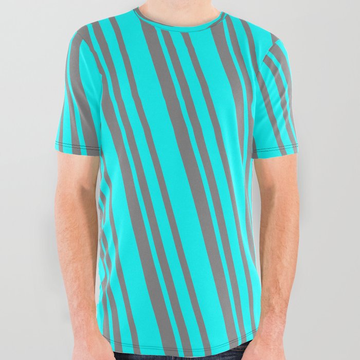 Grey and Aqua Colored Lined/Striped Pattern All Over Graphic Tee