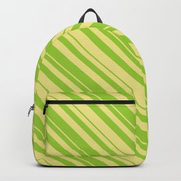 [ Thumbnail: Green and Tan Colored Lined/Striped Pattern Backpack ]