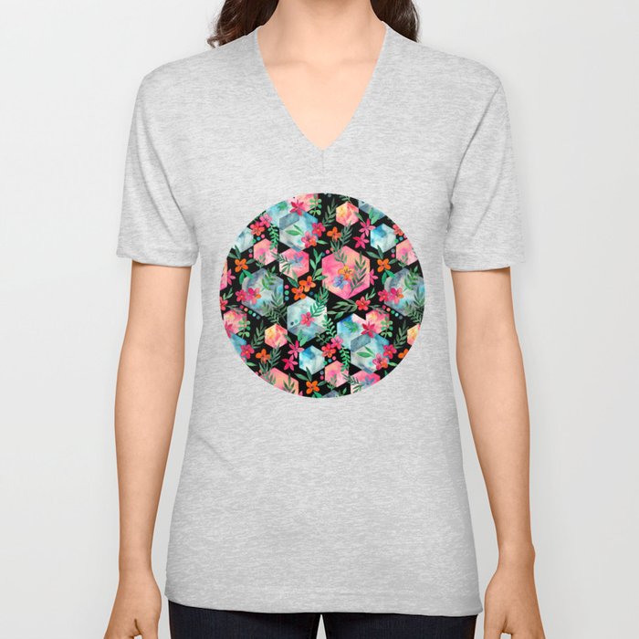 Whimsical Hexagon Garden on black V Neck T Shirt