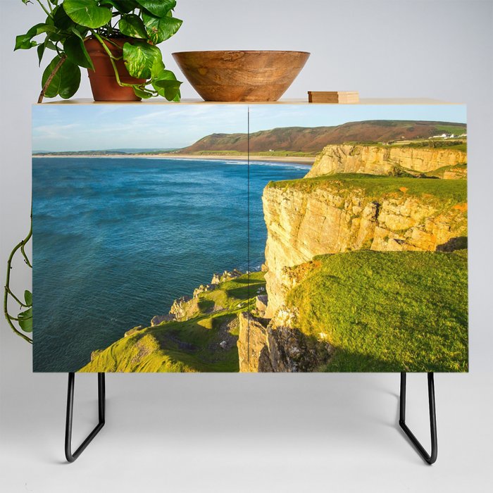 Great Britain Photography - Sunset Shining On A Cliff By The Blue Ocean Credenza