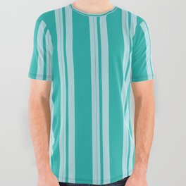 [ Thumbnail: Powder Blue and Light Sea Green Colored Lined/Striped Pattern All Over Graphic Tee ]