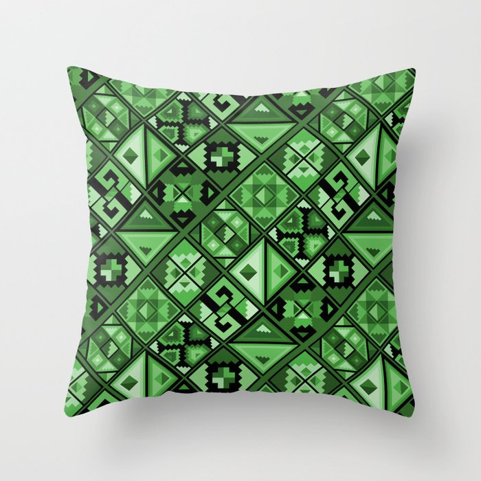 Folk Abstract Geometric Pattern - Sage Emerald Green Throw Pillow