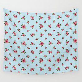 Pink Roses All Over - sky blue Wall Tapestry