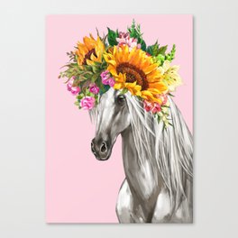 Sunflower Crown White Horse in Pink Canvas Print
