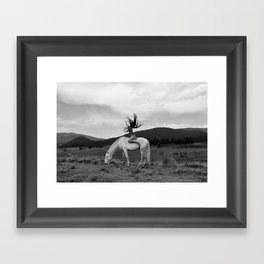 Wild horses couldn't take you from me; young woman on a white horse throwing her hair black wilderness black and white photograph - photography - photographs Framed Art Print