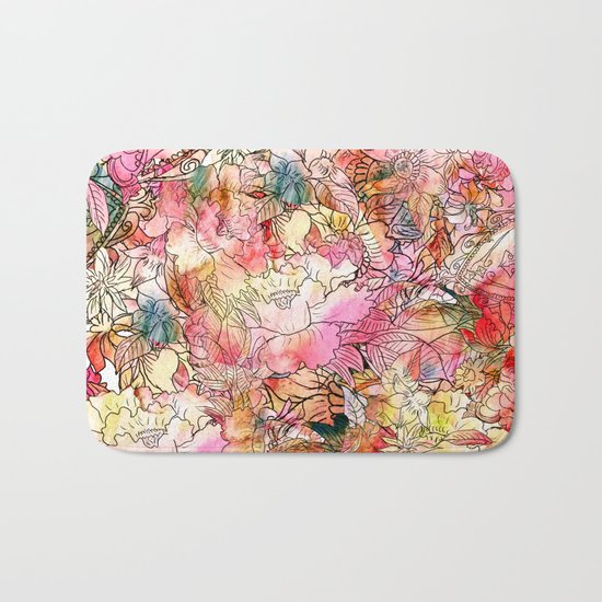 Summer Flowers | Colorful Watercolor Floral Pattern Abstract Sketch Bath Mat