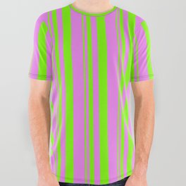 [ Thumbnail: Green & Violet Colored Lined Pattern All Over Graphic Tee ]