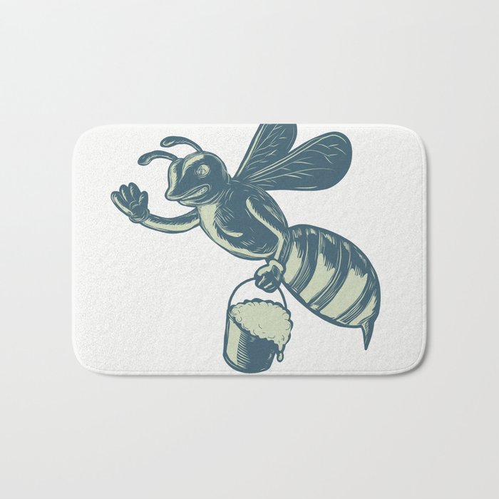 Honey Bee Waving With Pail of Honey Scratchboard Bath Mat