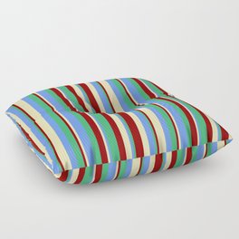 [ Thumbnail: Beige, Cornflower Blue, Sea Green, and Dark Red Colored Lines/Stripes Pattern Floor Pillow ]