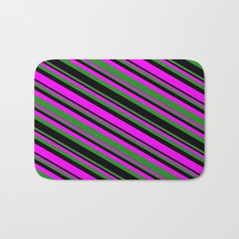 [ Thumbnail: Fuchsia, Forest Green & Black Colored Lines/Stripes Pattern Bath Mat ]