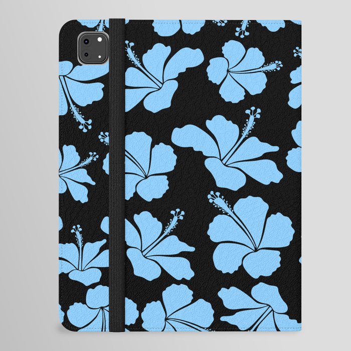 Bright hawaiian seamless pattern with tropical hibiscus flowers on black background in blue colors. iPad Folio Case