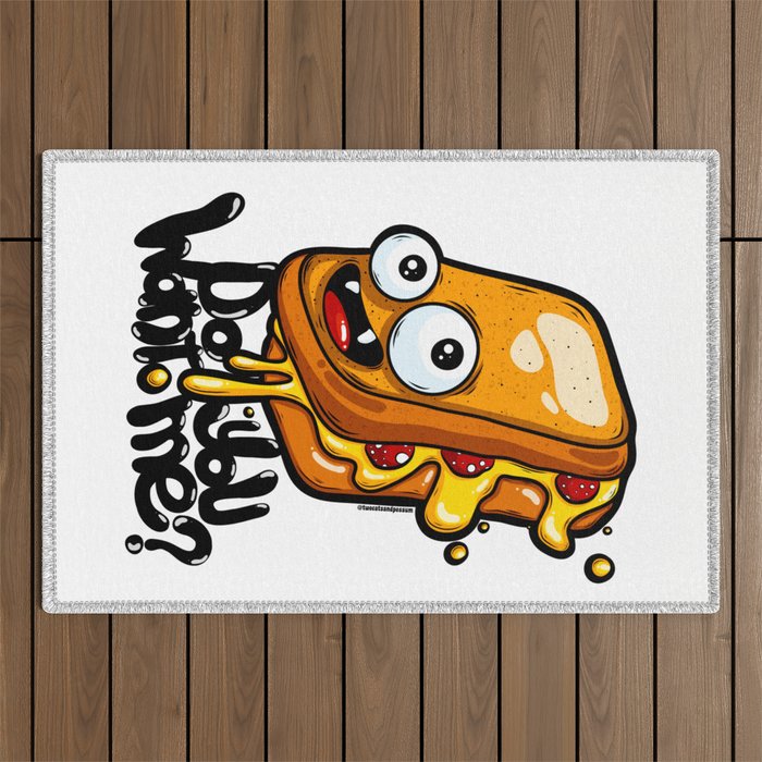 Do you want me? Funny graffiti cartoon grilled cheese sandwich Outdoor Rug