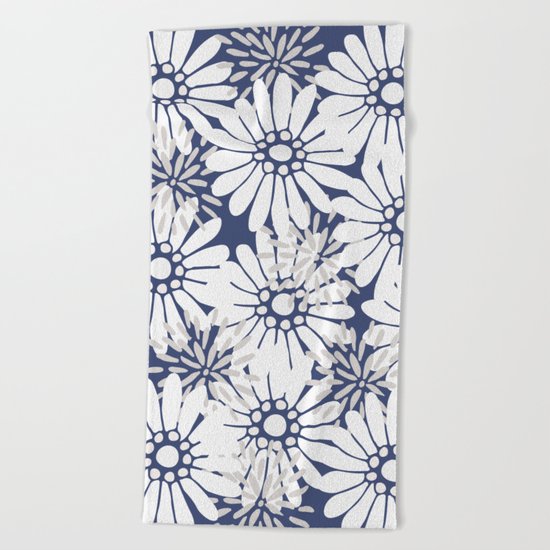 Summer Flowers Dark Blue Beach Towel