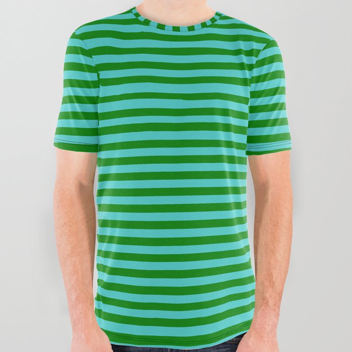 Turquoise & Green Colored Striped Pattern All Over Graphic Tee