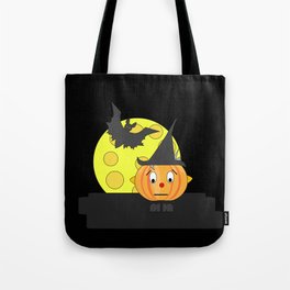 Funny emotionless pumpkin head with bat and moon Tote Bag