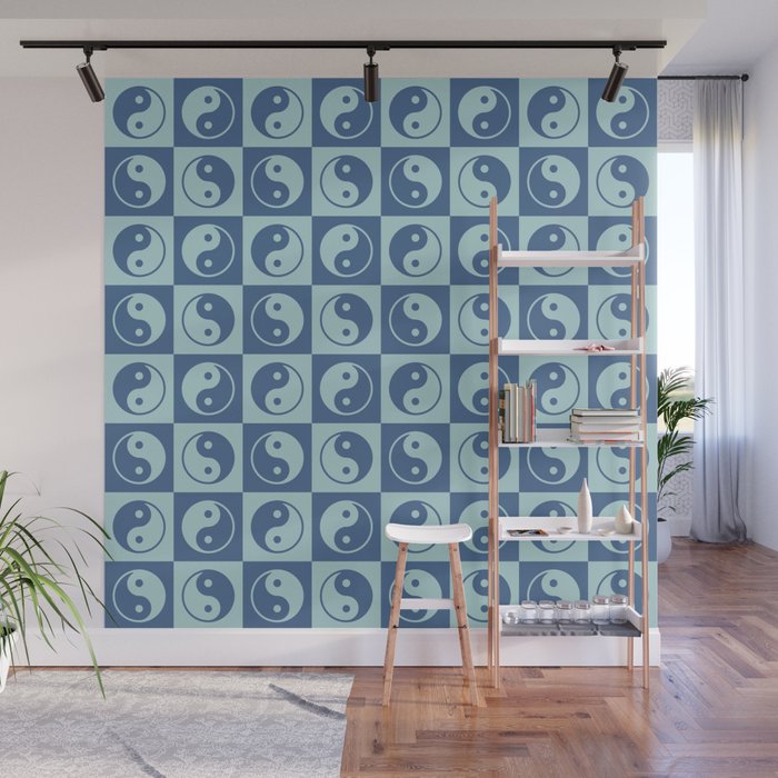 Checkered Yin Yang Pattern (Muted Blue Colors) Wall Mural