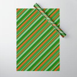 [ Thumbnail: Dark Sea Green, Green, Red & Forest Green Colored Lined/Striped Pattern Wrapping Paper ]