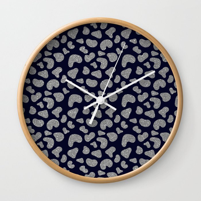 Hipster Silver Navy Blue Glitter Cheetah Animal Print Wall Clock