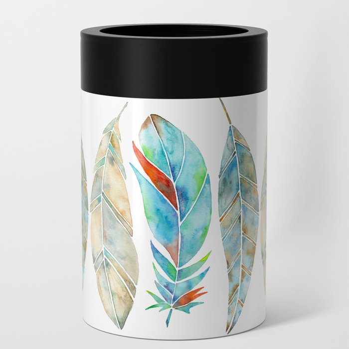 Watercolor Feathers - Tan & Turquoise  Can Cooler