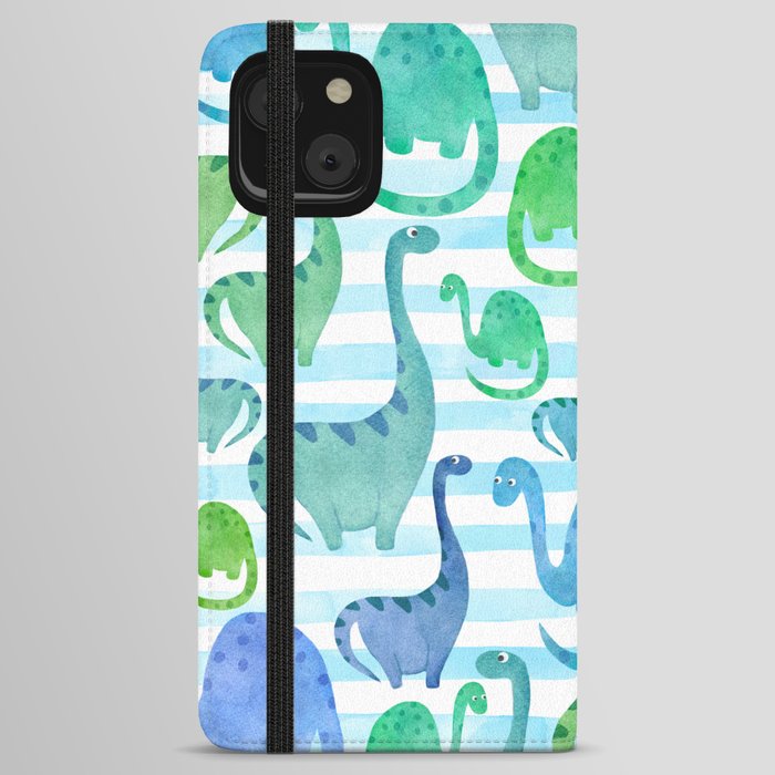 Watercolor Dinosaur Stripe Blue iPhone Wallet Case
