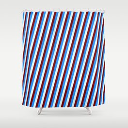 [ Thumbnail: Maroon, Blue, and Light Cyan Colored Lines Pattern Shower Curtain ]