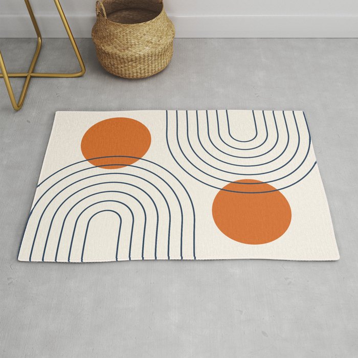 Mid Century Modern Geometric 88 in Navy Blue and Orange (Rainbow and Sun Abstraction) Rug