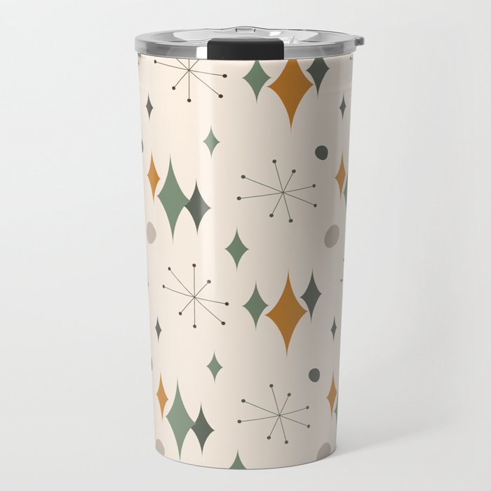 Stardust Mid Century Modern Pattern in Olive Green, Orange and Cream Travel Mug