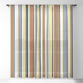 [ Thumbnail: Eyecatching Light Slate Gray, Brown, Tan, White & Black Colored Lines/Stripes Pattern Sheer Curtain ]