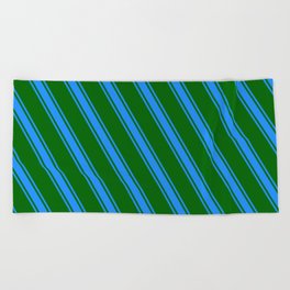 [ Thumbnail: Dark Green and Blue Colored Lines Pattern Beach Towel ]